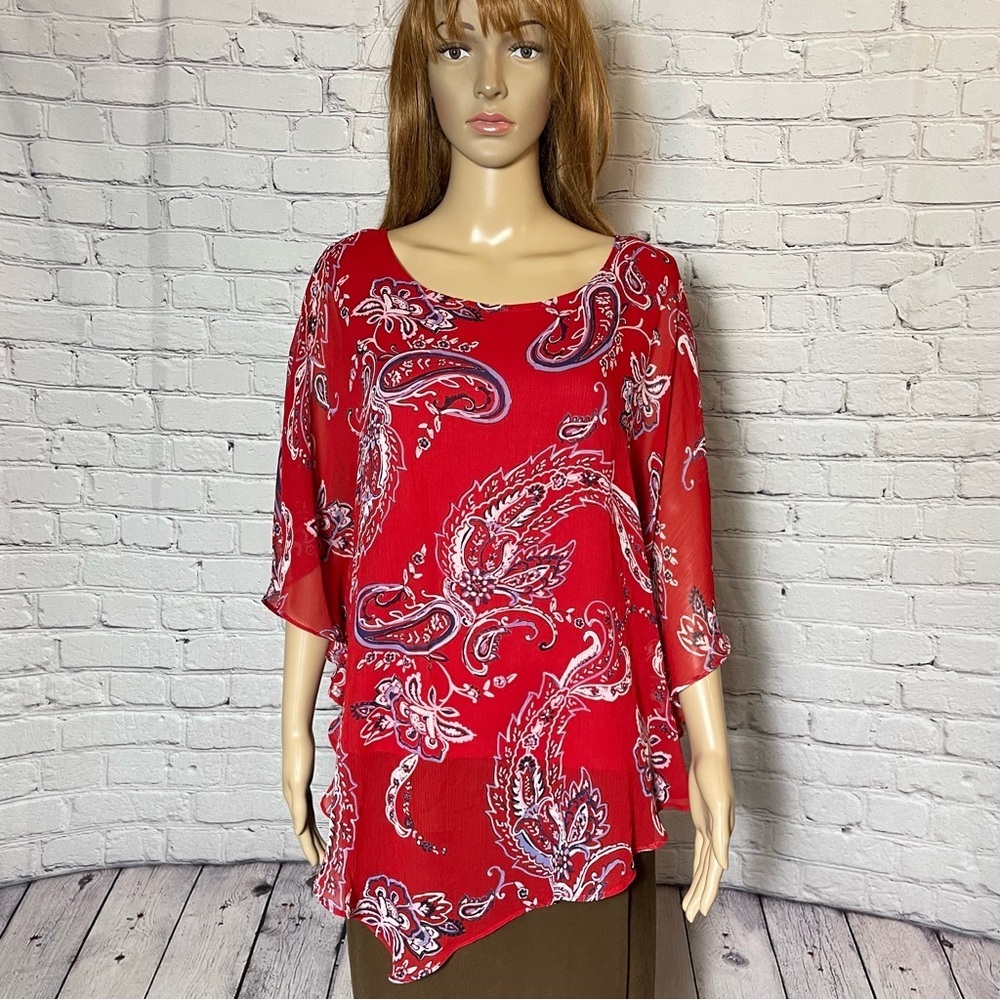 Dana Buchman Chiffon Crinkled Red Paisley Print Top Size XL
